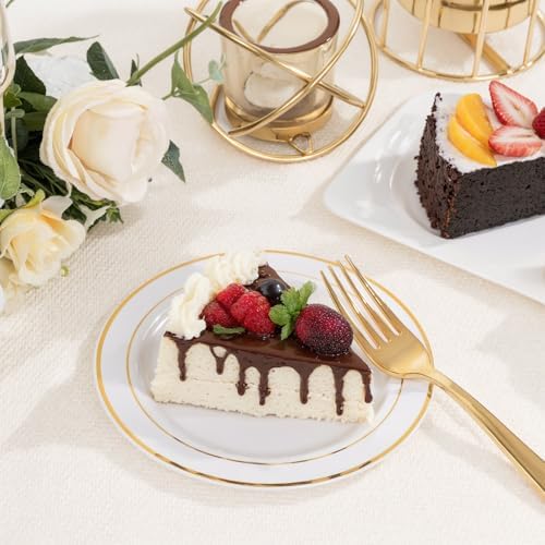 bUCLA 200PCS Gold Plastic Plates - 6.25inch White with Gold Trim Disposable Salad/Dessert/Appetizer/Small Cake Plates, Ideal for Wedding & Party