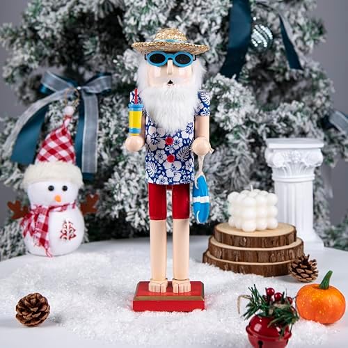 15 Inch Christmas Nutcracker Wooden Summer Nautical Surfer Santa Nutcracker Figure Beach Tabletop Centerpieces Festival Florida Tropical Shelves Decorations (Surfboard+Swim Ring)