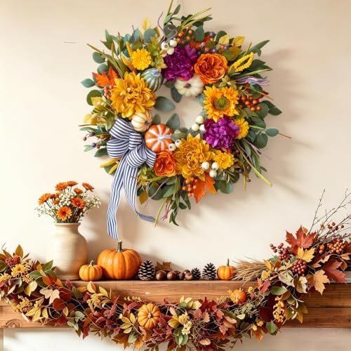 24 Inch Artificial Fall Wreaths for Front Door Outside with Striped Bow