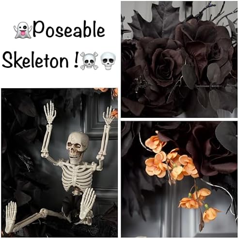 20" Pre-lit Halloween Black Moon Wreath with Poseable Skeleton, Handmade Halloween Wreath Decor for Home Front Door Porch Wall Hanging