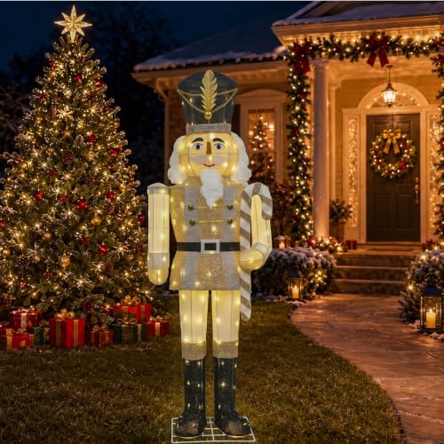 61Inch Nutcracker Christmas Decor Outdoor with LEDs 5 Feet Lighted Large Nutcracker Lighted Christmas Decorations Outdoor with Stakes & Zip Ties for Xmas Yard, Porch, Lawn