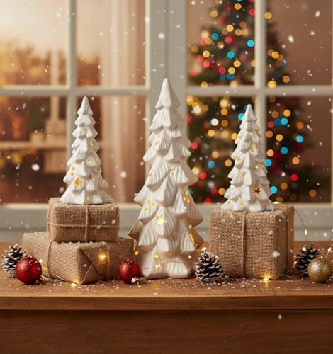 Nuogo 3 Pcs Lighted Ceramic Christmas Tree White Porcelain Tabletop