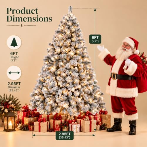 Garvee 6 FT Christmas Tree, Prelit Artificial Christmas Tree with 250 Warm White Lights, Realistic Flocked Material, Metal Hinges, Foldable Stand, on/Off Foot Pedal, Holiday Decoration, Green & White
