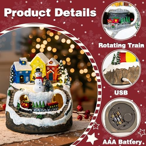 MXwcy Christmas Village House with Moving Train & Music - Lighted Snowman Figurine with 8 Holiday Songs, LED Lights - Resin Collectible Building for Indoor Xmas Decor, Table Centerpiece, Gifts