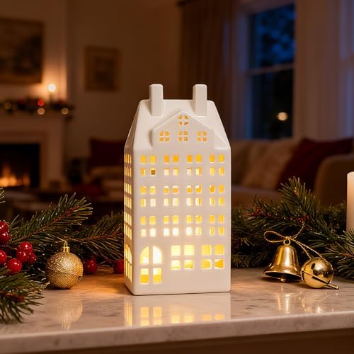 DN DECONATION Light Up Christmas Decor Village Set, White House with Lights