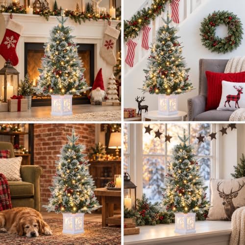 3Ft Pre-Lit Holiday Christmas Tree with Snowflake Base, Artificial Christmas Tree with Timer Function and 78 Led Lights, Snowflake and Red Berry Decorations, Holiday Ready, Easy Indoor Installation