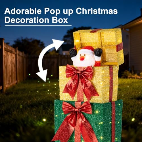 Glitzhome Lighted Outdoor Christmas Decor, 40" Animated Stacked Gift Box with Snowman Pop Up and 120 Warm White LED Lights, Christmas Yard Decoration