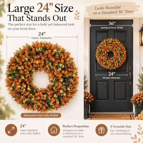 Fall Wreaths for Front Door, 24 Inch Faux Boxwood Wreath, Terracotta & Sage