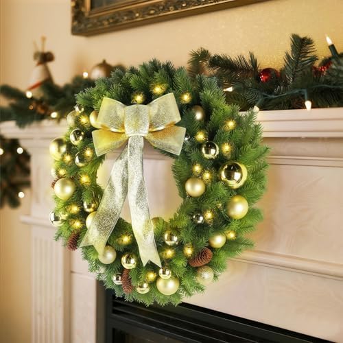 Hausse 21" Lighted Christmas Wreath with Metal Hanger, Pre-lit Xmas Folded Wreath with LED Lights, Golden Bow & Balls, Battery Operated & Timer for Front Door Gate Wall Holiday Party Decor
