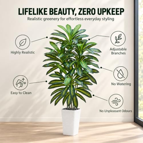 Artificial Dracaena Tree, 6FT Fake Tree White Planter