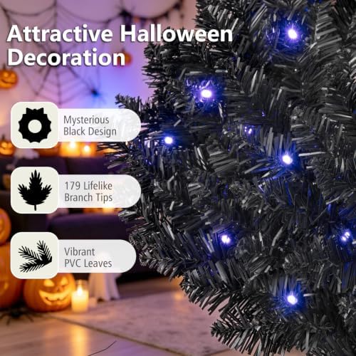 Goplus 24" Black Christmas Wreath with 35 Purple LED Lights, for Halloween