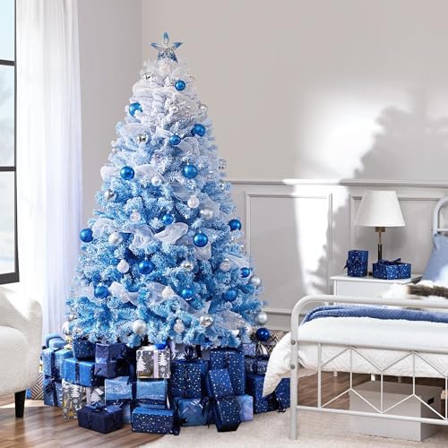 Yaheetech 6ft Premium Snow Flocked Artificial Christmas Tree Hinged Pine Full Holiday Xmas Tree for Home Office Party Decoration w/820 Branch Snow Tips & Metal Stand, Blue Gradient & White