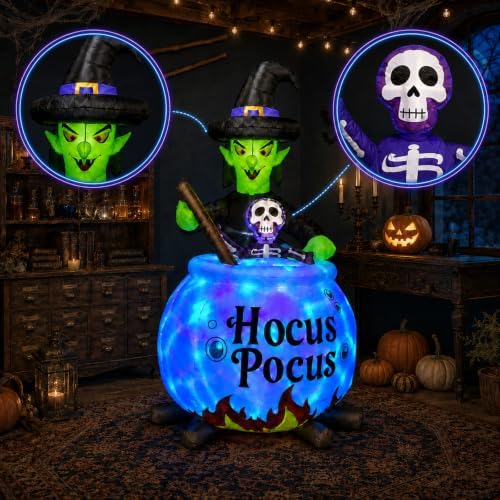 6 FT Halloween Inflatable Witch and Cauldron with RGB Lighted Halloween Blow Ups Outdoor Decorations for Yard, Lawn, Garden, Porch and Party