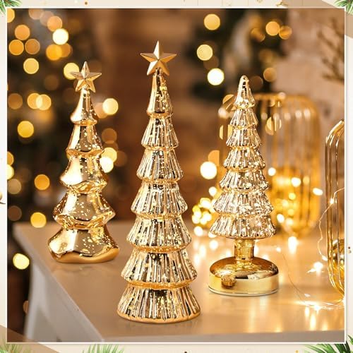 Funnymoom 3 Pack Glass Christmas Trees Light up Decor, Gold, Classic