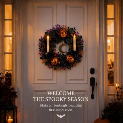 18'' Halloween Wreath with Lights, Black Roses, Crow, Pumpkin