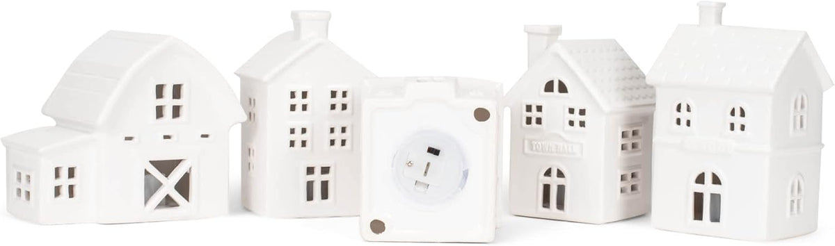 mark feldstein village with trees porcelain figurines, set showing dimensions