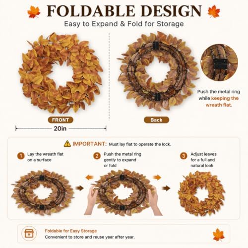 20" Fall Wreath for Front Door, Artificial Autumn Wreath