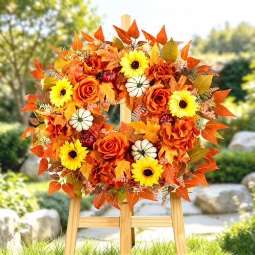 24" Fall Wreath for Front Door Harvest with Pumpkin Handmade Artificial