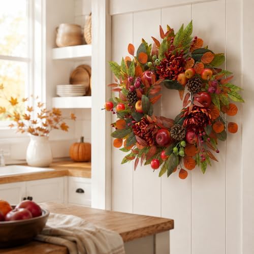 Svndlyn 22 Inch Fall Front Door Wreath with Faux Apples, Pinecones and Mums