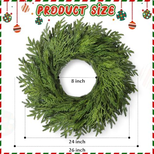 26" Large Cedar Norfolk Pine Wreath for Front Door, Faux Christmas Wreath