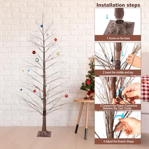 6FT Lighted Birch Tree with 1300 LED Lights, Twinkle Light Brown Christmas Tree with Timer IP44 Waterproof for Indoor Outdoor Festival Wedding Party Christmas Decorations