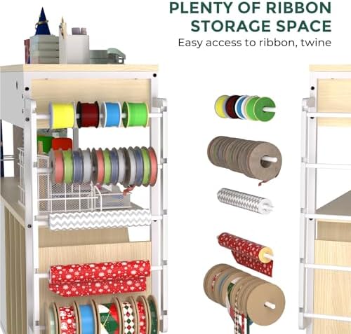 Wrapping Paper Storage & Organizer, Craft Cart with Ribbon & Gift Bag Storage, Wrapping Paper Organizer Holder(3 Wooden Drawers- Oak)