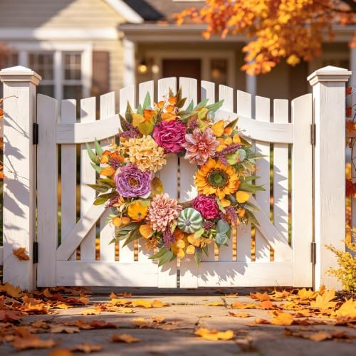 24 Inch Artificial Fall Wreaths for Front Door Outside with Sunflower,Peony