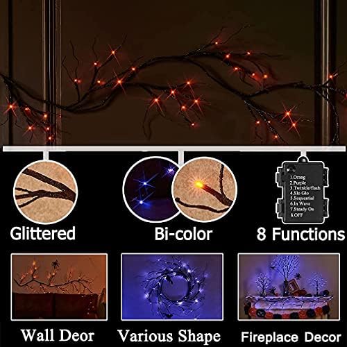 LITBLOOM Lighted Black Glittered Garland with 48 Orange and Purple Bi-Color Lights, Halloween Garland with Lights 8 Functions 6FT Battery Operated for Home Party Halloween Decoration Indoor Outdoor