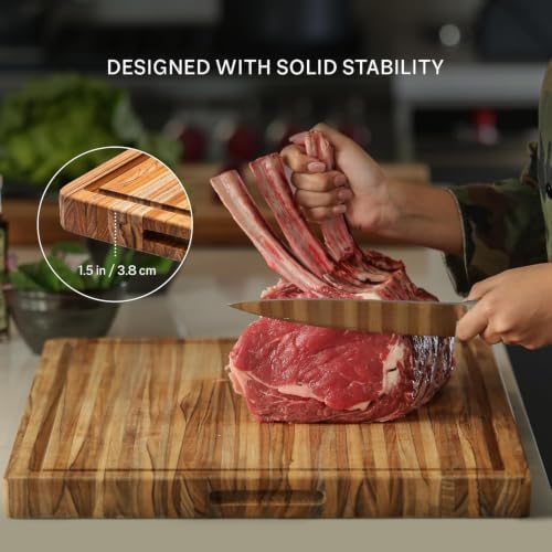 Teakhaus Edge-Grain Teak Wood Cutting Board with Grip Handles, Large