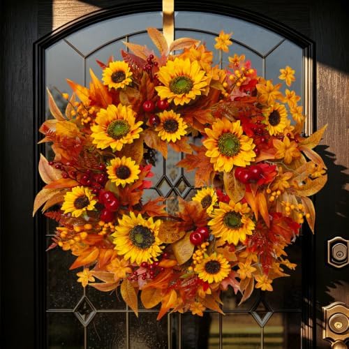 24 Inch Harvest Fall Wreaths for Front Door with Sunflower and Red Berries