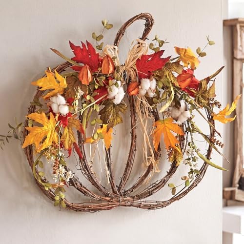 Fall Pumpkin Wreath for Front Door, Grapevine Maple Leaves