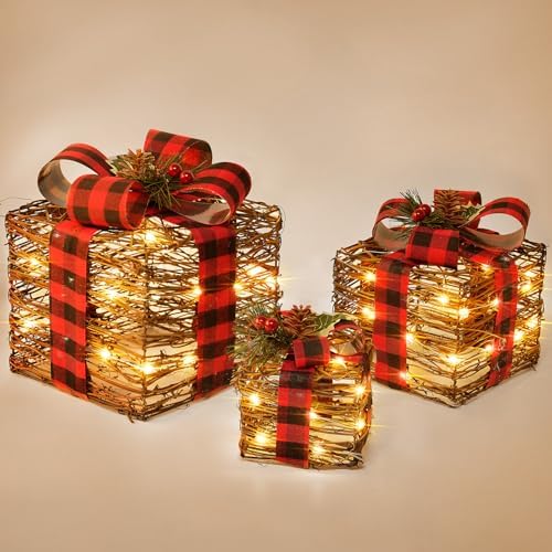 LAWOHO Set of 3 Christmas Lighted Gift Boxes,Rustic Rattan Light Up Present Boxes with Bows,Battery&USB Operated LED Xmas Gift Boxes for Christmas Decorations Holiday Ornaments Indoor Outdoor Decor