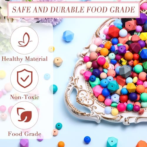 Hotop 342 Pcs Silicone Beads for Keychain Making Kit, 12mm15mm Round 14mm17mm Polygonal Silicone Rubber Beads for Keychain DIY Necklace Bracelet Jewelry Making Supplies