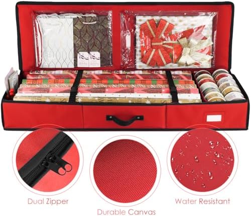 Hearth & Harbor Wrapping Paper Storage Container - Christmas Storage Bag with Interior Pockets - Gift Wrap Organizer Fits Up to 22 Rolls of 40" - Tear Proof, Red