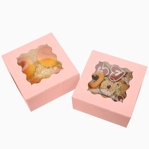 Bakepacker Pink Bakery Boxes with Window 6x6x3 inches Thick & Sturdy Macaroon Pastry Boxes Cookie Boxes for Bakerys（60-Packs）