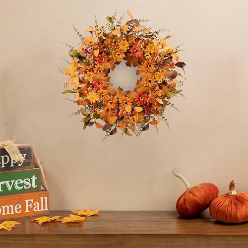 Artificial Fall Wreath 22 Inch Fall Wreaths for Front Door with Orange Berries Daisies Eucalyptus Leaves Autumn Door Wreaths for Thanksgiving Harvest Festival Wall Porch Farmhouse