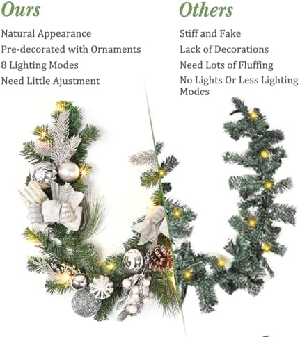 6FT Christmas Garland with Lights, Xmas Battery Operated Artificial Rattan with Classic Silver Decorations, Xmas Garland for Home Indoor Fireplace Mantle Outdoor Decor, Silver