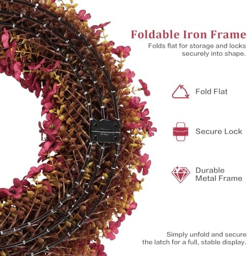 24" Burgundy Fall Wreath for Front Door, Artificial Mums Autumn Wreath