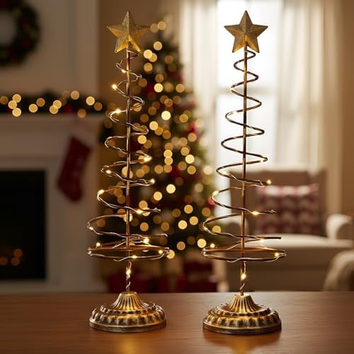 Set of 2 Lighted Christmas Tree Table Decoration with Golden Star Battery Operated Tabletop Prelit Mini Xmas Tree with LED Light up Desk Ornament for Home Mantel(Spiral,Gold)