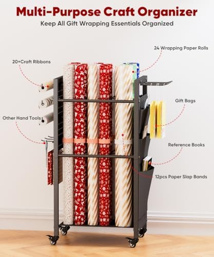 wrapping paper storage organizer with wheels & bag, side view
