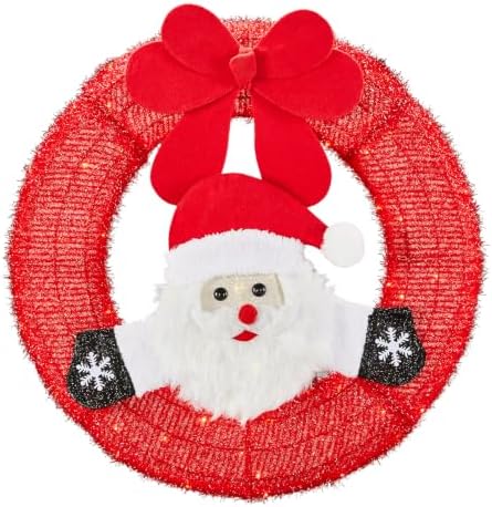 VINGLI 24 Inch Lighted Christmas Wreath with Swinging Figure Santa, Plug-in