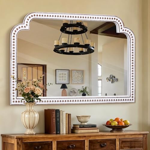 24x36 Inch Ornate Scalloped Arch Mirror, Wooden Antique Beaded Wall Mirrors