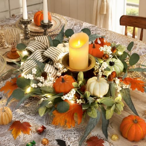 24" Lighted Fall Wreath with Pumpkins Thanksgiving Front Door Autumn Decor