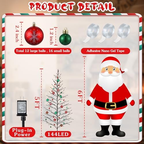 5 FT 144 LED Lighted Wall Christmas Tree with Decorative Balls, 8 Light Modes Plug in Half Christmas Tree, Hanging Flat Mounted Trees for Holiday Apartment Room(Black, Red and Green)