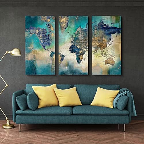 Pogusmavi Canvas Wall Art for Living Room - World Map Wall Decor - Large Wall Art for Bedroom - Office Artwork - Map Wall Art 16"x32" 3 Piece Canvas Wall Art