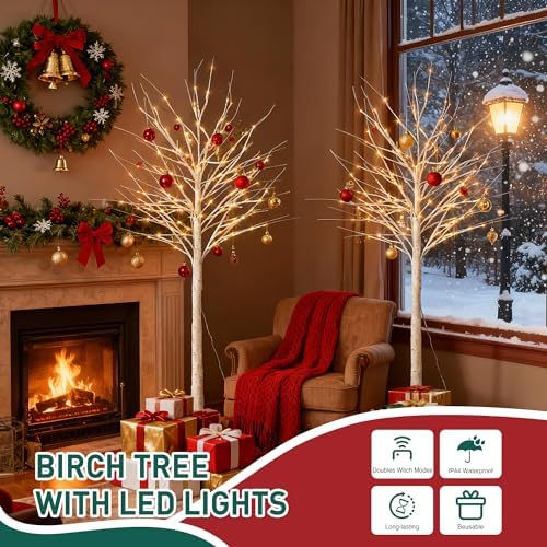 6FT White Birch Tree with Lights,Lighted Birch Tree for Holiday Decor,2PCS