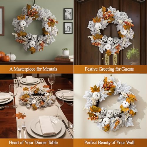 21 Inch Owl Pumpkin Fall Wreath - Autumn & Thanksgiving Door Decor