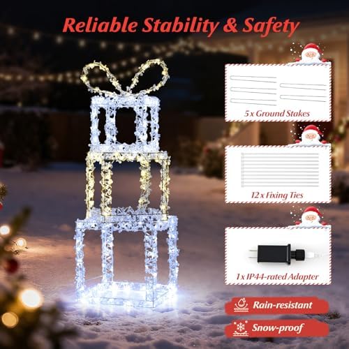 Tangkula Set of 3 Stacked Lighted Gift Boxes, Pre-Lit Box