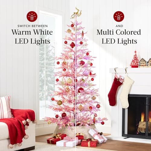 Best Choice Products Pre-Lit Sparse Christmas Tree 4.5ft Artificial Flocked Pine Holiday Décor Aspen Noble Fir White & Multicolor LED Lights- Pink