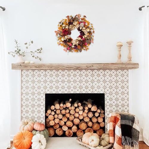 TEMPUS 24 Inch Artificial Fall Wreath - Red and Gold Rose Floral Front Door Decor, Handcrafted Thanksgiving Harvest Wreath for Indoor Farmhouse Wall